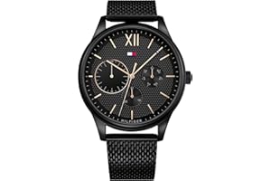 Tommy Hilfiger Herren-Multifunktions-Quarzuhr mit 44 mm - Schwarzes Zifferblatt mit Clou de Paris Muster, Schwarzes Edelstahl-Mesharmband, Wasserbeständig bis 5ATM - 1791420