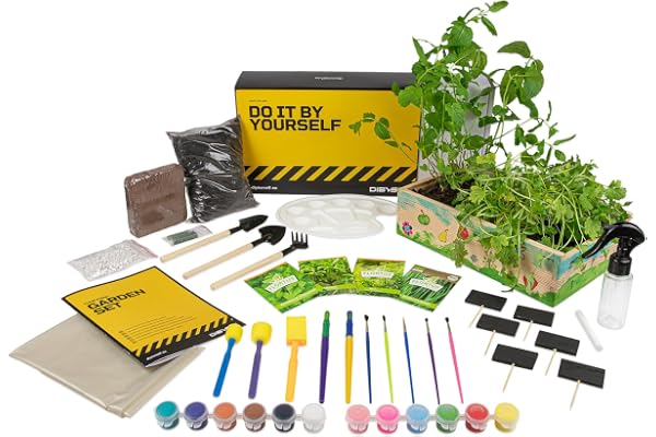 DIBYS Kit de Jardinage | Set Complet avec Graines d'Herbes, Outils en Bois, Terreau, Peintures & Boîte de Culture à Peindre | Idée Cadeau Créative | Set de Plantation