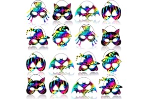 Johiux 90 Piece Halloween Scratch Masks Scratch Art Set for Kids Adults,halloween Class Craft for Kids Bulk Halloween Party Games,Magic Scratch Paper Favor Supplies Bats,Witches,Pumpkins,Cats,Spiders