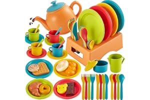 AOLEVA Pretend Play Kitchen Accessories, Children Tea Set Toy, Play Cutlery Dishes Plates Set and Play Food Set Gifts for 3 4 5 Year Old Kids Boys Girls