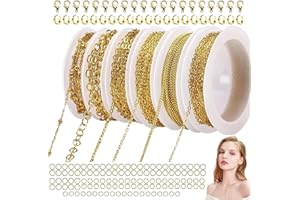 HAPLOS 14m 6 Rotoli Catena per Gioielli D'oro, Catene per Gioielli Fai, Catena Acciaio Inox per Bigiotteria, Incluso Chiusure di Aragosta, Anelli di Salto e Fibbia a Forma di U per bigiotteria fai da te