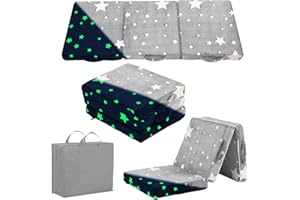 YOTATING Foldable Floor Mattress for Kids, Toddler Glow in The Dark Folding Futon Mattress, Kids Trifold Sofa Bed Convertible Children Portable Sofa with Storage Bag for Girls and Boys, Grey Star