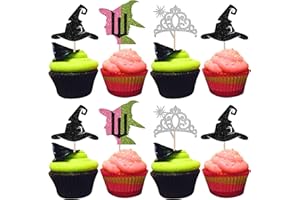 XSSTARMI 24 Pack Magic Witch Theme Cupcake Toppers Glitter Crown Black Witch Hat Cupcake Picks Pink Green Wizard Theme Cake Decorations for Witch Wizard Theme Baby Shower Birthday Party Cake Supplies