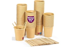 GOBETREE 100 vasos desechables kraft de 240 ml / 8 oz, vasos de cartón kraft desechables con paletinas de madera para café americano, café con leche y refrescos. Para llevar