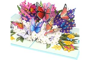 OFFCUP Carte Fleur Pop-Up, Carte De Voeux 3D, Carte pop-up papillons sur fleurs avec Enveloppe pour Femme, Petite Amie & Mère (Carte d'Anniversaire, Bon Rétablissement, Merci, Cadeau)
