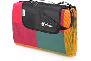Vinsani 220 x 200cm Folding Picnic Blanket Waterproof & Sandproof Backing - Ideal for Camping & Outdoor Picnic – Multicoloured Rug Mat with Carry Handle
