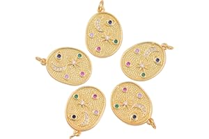 COGCHARGER 5 Pieces Flat Round Brass Cubic Zirconia Charm Pendants Brass Micro Pave Cubic Zirconia Pendants with Moon Star Pattern for Jewellery Making