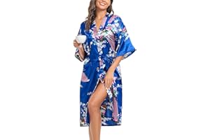 Lovasy Kimono Dressing Gowns Satin Kimono Robe Peacock And Blossoms Silk Dressing Gown for Women UK Long Silk Bride and Bridesmaid Robes