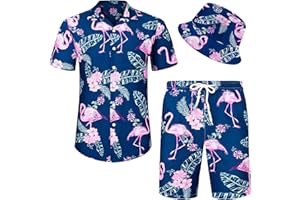Angenster Hawaii Hemd Männer, 3 Pcs Hawaii Outfit Herren Festival Outfit mit Fischerhut Hawaihemd Shorts, Sommerhemd Herren Flamingo Floral Strandhemd Faltenfrei Urlaub Hemd Set