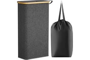 ‎LIFEWIT Lifewit Wąski kosz na pranie z pokrywką, wąski kosz na pranie ze zdejmowaną torbą i bambusowymi uchwytami, cienki kosz na brudne ubrania, składany kosz do łazienki, sypialni, akademika, ciemnoszary