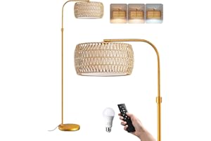 EDISHINE Arc Floor Lamp, Boho Standing Lamp with Remote Control, Rattan Lampshade, Dimmable Floor Lamps for Living Room Bedroom Office, Multiple Color Temps, LED Bulb Included, Gold
