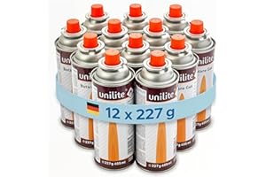 Unilite 12 x Gaskartuschen - Butangas Kartuschen 227 mit MSF-1A Bajonett Ventil – Die Butan Gaskartuschen sind ideal beim Camping für Campingkocher, Gas-Lampe & Co. oder für Unkrautbrenner