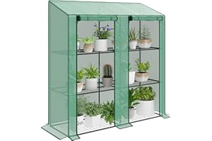 Outsunny Invernadero de Jardín de 3 Niveles Invernadero de Terraza con Estantes Techo Inclinado y 2 Puertas con Cremallera para Cultivo de Plantas en Patio 143x46x141/151 cm Verde