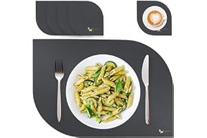 BW BLACKWHITE STORE Blackwhite Store Tischsets Abwaschbar Wasserdicht PU Kunstleder Platzset Abwischbar Lederoptik Dunkelgrau 4er-Set 2 Ecken 43x30cm 10x10cm Platzdeckchen Leder für Home Hotel & Restaurant