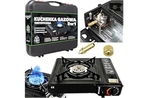 CAMPSUP Réchaud à gaz 2 en 1 - Réchaud à gaz portable avec allumage piézoélectrique, puissance de 2500 W, pour cartouche et bouteille de gaz, avec mallette de transport et protection contre le vent - Pour