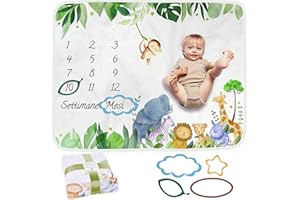 ODOXIA Coperta, Tappeto Mesi Neonato In Italiano | Unisex | Tema Safari | Regalo Baby Shower Personalizzato Per Neomamme | Incluse Cornici