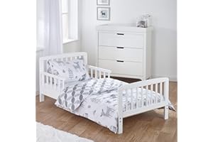 ELEGANT BABY Kinder Valley Complete 7 Piece Kids White Toddler Bed Bundle with Kinder Flow Mattress and Woodland Tales Reversible Bedding Set |Children's Bed