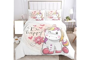 SHUAIG Einhorn Bettwäsche Set Kinder Bettwäsche 3D Gedruckt Einhorn Cartoon Bettbezug,Soft Mikrofaser Bettbezug mit 2 Kissenbezug 50x75cm für Mädchen.(Weißes Einhorn, 135x200 cm)
