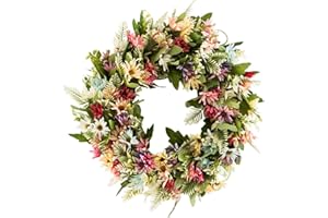 YEENEE Door Wreath, Artificial Wild Chrysanthemum Flowers Wreath, All Seasons Floral Wreath, for Front Door Living Room Wall Garden Wedding Festival Decor(45cm, Multicolor)