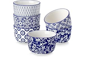 vancasso Ramequins Lot, 6 X 240 ML Ramequins et Moules à Soufflés en Porcelaine Bleu et Blanc, Ramequin Creme Brulee pour Muffin et Gâteau, Ramequin Pour à Crème, Sauce - Ø9.7 CM - Style Chinois