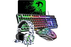 Tastiera da gioco LexonElec 4-in-1 Combo Mouse combinato arcobaleno cablato retroilluminato a 104 tasti Tastiera del giocatore + 2400 DPI Regola 6 pulsanti Mouse Ottico di gioco USB + Cuffie da gioco