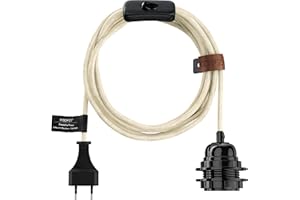 Hoopzi - Fil électrique en Tissu de 4,5M pour Éclairer Partout Chez Vous - Douille Ampoule E27 avec Interrupteur - Créez Votre Suspension Luminaire, Baladeuse, Lampe Suspendue - Bala Blanc Coton