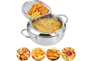 YushengTai Frittiertopf 24cm, Japanische Tempura Fritteuse, Edelstahl Fritiertopf mit Thermometer, Abtropfgestell, Japanischer Frittiertopf für Pommes Frites, Hühnerflügel und Garnelen