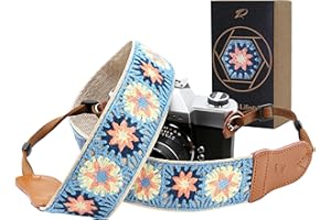 Padwa Lifestyle Correa para cámara - Cabeza de cuero de vaca de doble capa, correa para el cuello de la cámara bordada de algodón de 2"