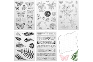 ‎FYGUARD 5 Blätter Silikonstempel, 5 Muster Transparente Stempel Blumen Farn Schmetterling Pflanzen Sprüche mit Acrylblock für DIY Journal Scrapbooking Fotoalbum