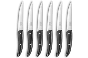 Lou Laguiole 868000MB02BP7 Prestige Coffret 6 couteaux steak lame lisse, Acier inoxydable/Manche effet cuir Noir, 27,5 x 20 x 3 cm