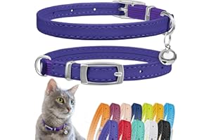 CollarDirect Leather Cat Collar, Safety Collar for Cats with Elastic Strap, Kitten Band with Bell (Purple, 15-18 cm)
