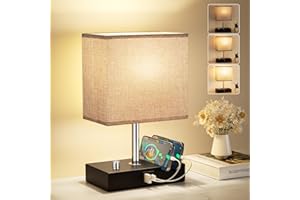 Seealle Lamp for Bedroom, USB A+C Bedside Lamps for Living Room, Desk Lamp with 3 USB Charging Ports, Bed Side Lamp with Grey Fabric Shade, Charging Station and Organizer(Bulb Included)