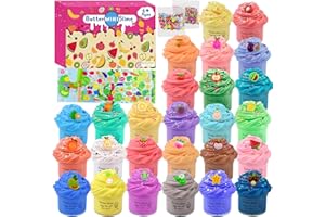 AXCOIUP 26 Pack Fluffy Butter Slime Kit for Girls, Super Soft and Non-Sticky, with Cute Fruit Charms, DIY Fruit Slime Toy, Party Favors and Stress Relief Toy for Kids Boys.