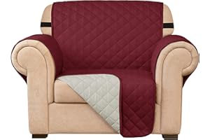 Subrtex Quilted Sofa Cover Reversible Sofa Protector 1,2,3 Seater Armchair Cover with Adjustable Elastic Straps, Side Storage Pocket (Chair, Wine)