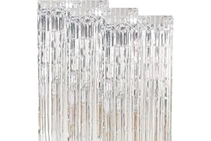 Fajoeda 3 Stück 100cm x 200cm Metallischer Lametta Vorhang Silber, Folie Lametta Vorhänge for Party Halloween Geburtstag Hochzeit Jubiläum Party Dekorationen