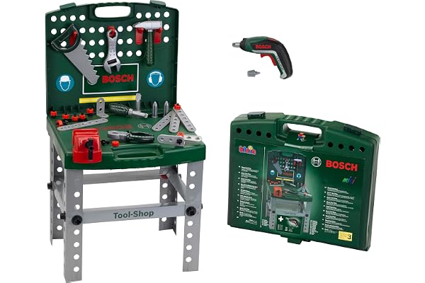 Theo Klein 8676 Etabli Bosch avec visseuse et Accessoires - Pliable et transportable - Visseuse avec Fonctions électroniques réalistes - Dimensions : 41.5 x 38.5 x 76.5 cm - pour Enfants dès 3 Ans