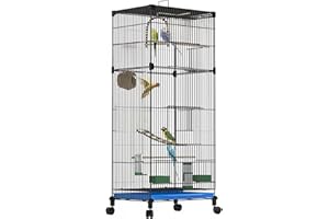 UUE Vogelkäfig, 90cm Kanarienvogel Voliere, Wellensittich Käfig, Vogelkäfig Groß mit Grasnest, Schaukel und Leiter, Doppeltür Papageienkäfig, Vogelkäfige Mit Universalrad, Schwarz