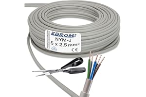 EBROM Cable de instalación (NYM-J, 5 x 2,5 mm² – Plástico Instalación línea – 5 m/5 m/5 metros – PVC – Gris
