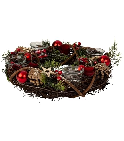 Couronne De L'Avent 40 Cm Avec 4 Bougeoirs Et Effet Neige - Décoration De Noël Festive Pour Table Et Fenêtre - 3