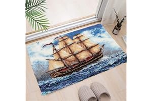 VIONNPPT 3D Ocean-Serie Teppich Latch Hook Kit Knüpfen Set für Erwachsene oder Kinder Zum Selber, DIY Knüpfteppich Geschenk, Knüpfhaken Set mit Vordruck (Segelboot,60cmx40cm)