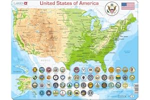Larsen K36 Larsen USA Map Puzzle – 90-Piece Tray & Frame Jigsaw for Ages 8+, Educational Geography of States, Capitals & Landmarks, Durable & Eco-Friendly