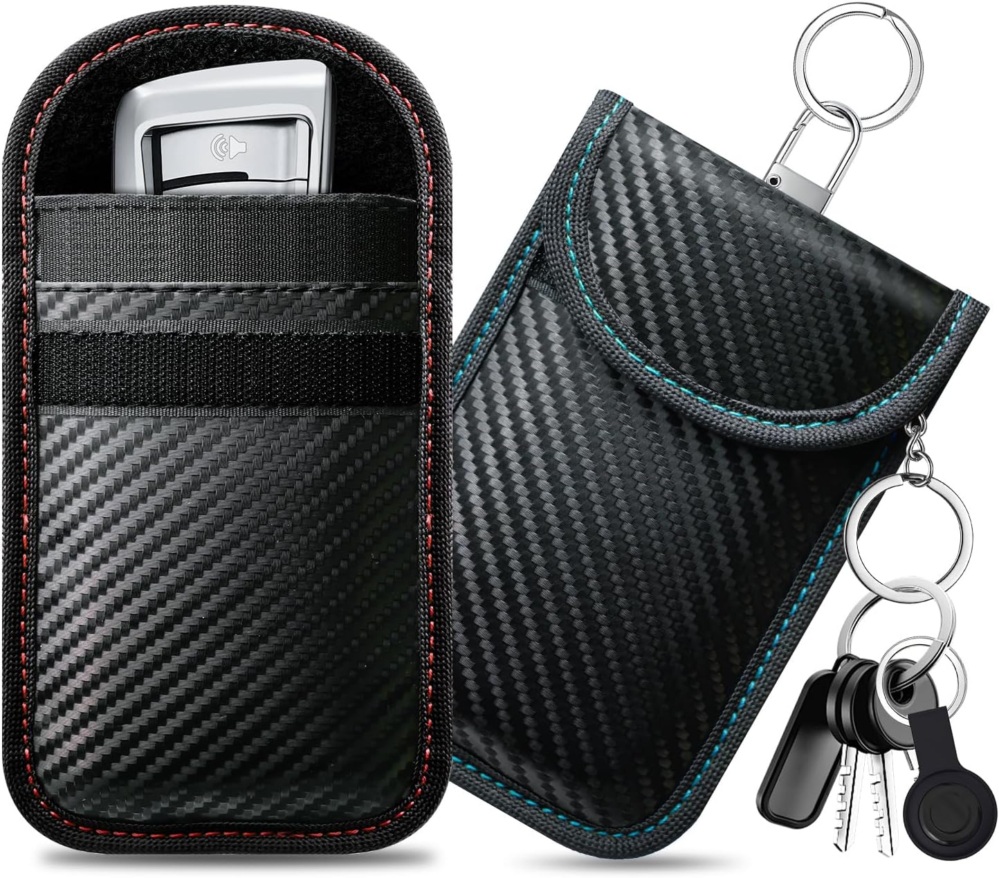 caslord Faraday Pouch for Car Keys, Pack of 2 Anti-Theft RFID Key Fob Protection Bag with 4 Pack Key Rings for Car Security, M, Red and Blue