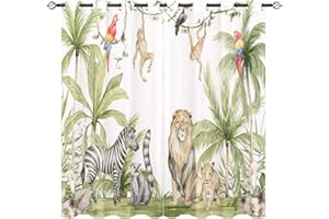 ‎YUANZU YUANZU Afrikanische Tier Vorhänge Safari Dschungel Löwe Zebra Affen Papageien Palmen Blumen Ösen Gardinen mit Blickdichte Vorhang Blackout Curtain Kinderzimmer Schlafzimmer 2 Stück, H 220 x B 140 cm