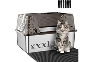 Suhaco Extra Grande Boîte à Litières en Acier Inoxydable avec Couvercle Boîtes à Litières pour Chats de Côté Haut Toilette pour Chats en Métal (Noir XXXL)