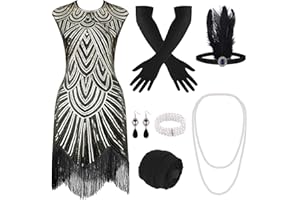 PLULON Vestido Estilo Flapper con Flecos y Lentejuelas de los años 20 con Conjunto de Roaring Accesorios de los años 20