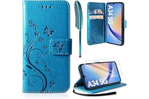 AROYI Lederhülle Kompatibel mit Samsung Galaxy A34 5G Hülle und Schutzfolie, Flip Wallet Handyhülle PU Leder Tasche Case Kartensteckplätzen Schutzhülle