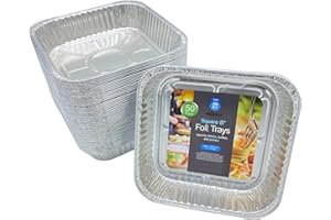 MAKREL 20cm Square Disposable Aluminium Trays - 8x8 inch Eco-Friendly Foil Pans for Prepping Food, Cooking, Baking Cakes, Heating, Roasting, and Much More (Pack of 50)