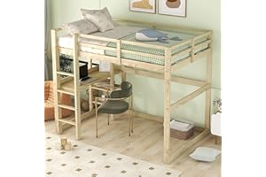 KECDUEY Letto a soppalco 140 x 200 cm, struttura del letto con vano portaoggetti, completamente in pino, con 4 ripiani e una scrivania per ragazzi e ragazze (naturale)