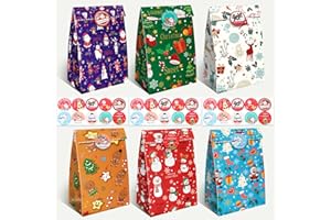AUERVO 30 Pcs Christmas Paper Bags,Flat Bottom Party Bags,6 Christmas Elements Themed Design with 30 Pcs Stickers for Xmas Party, Birthday and Classroom