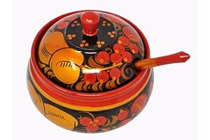 Madacha Sucrier en Bois Peint Vernis Khokhloma avec sa Petite cuillère - Tradition Russe